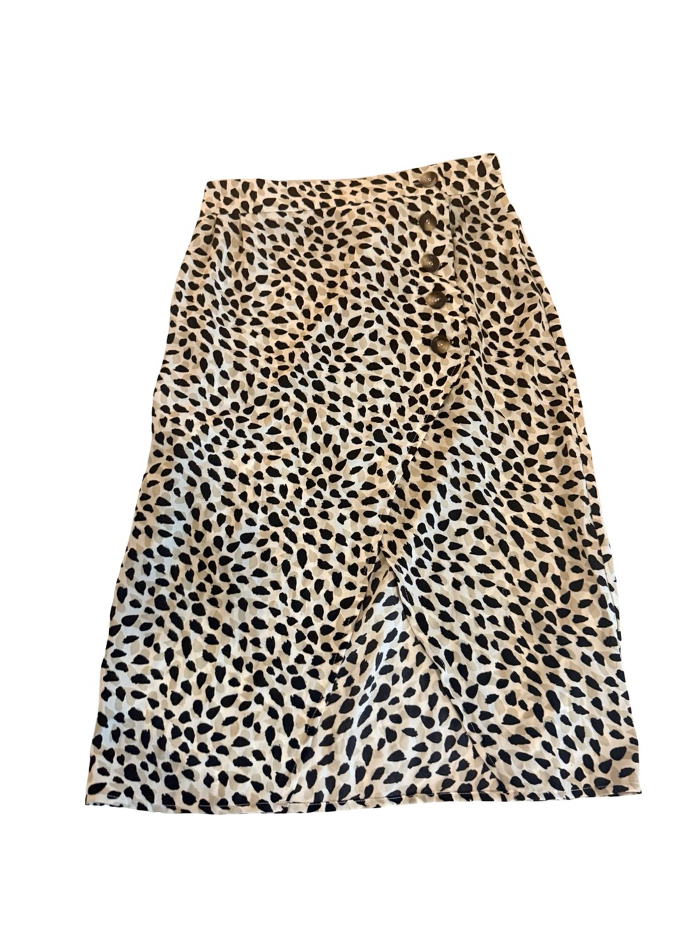 Simple Cream and Black Printed Button-Side Midi Skirt